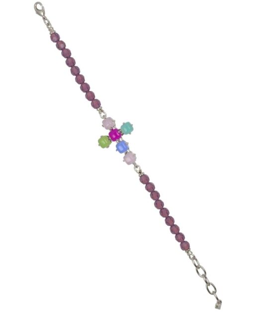 Pulsera cruz piedra natural con Swarovski Elements mate multicolor de plata bañada en rodio