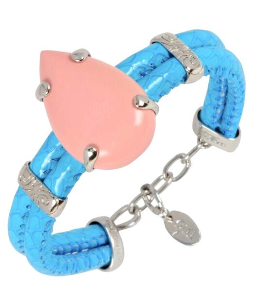 Pulsera cuero azul con coral rosa de plata de ley rodinada