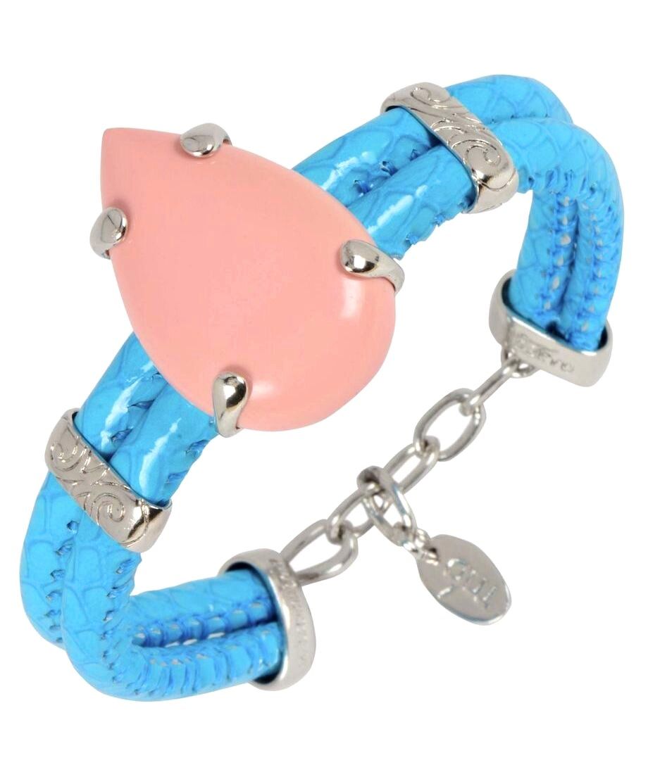 Pulsera cuero azul con coral rosa de plata de ley rodinada Pulsera cuero azul con coral rosa de plata de ley rodinada