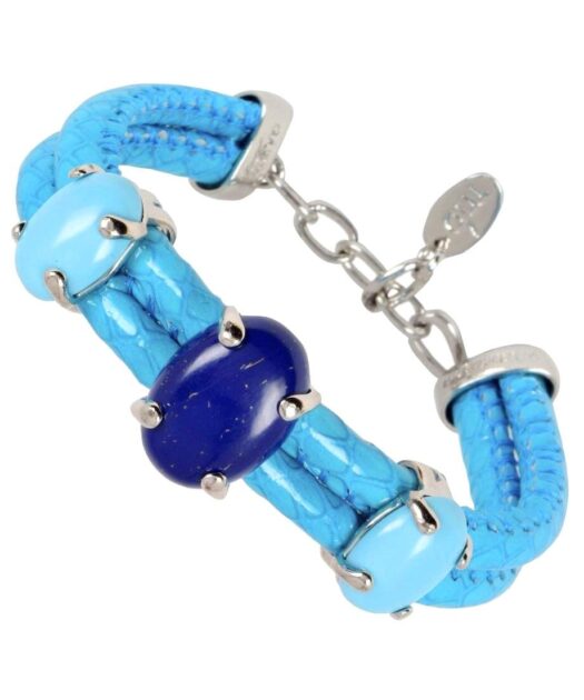 Pulsera cuero azul con piedras naturales de plata rodinada