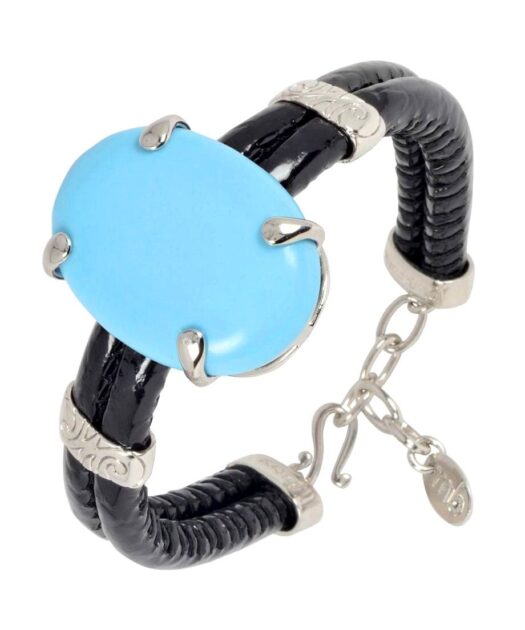 Pulsera cuero negro y turquesa de plata bañada en rodio
