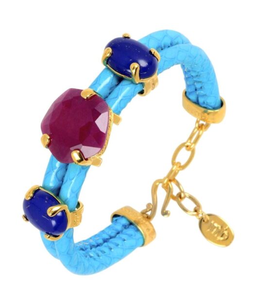 Pulsera de lapislázuli con piedra granate de plata dorada y cuero