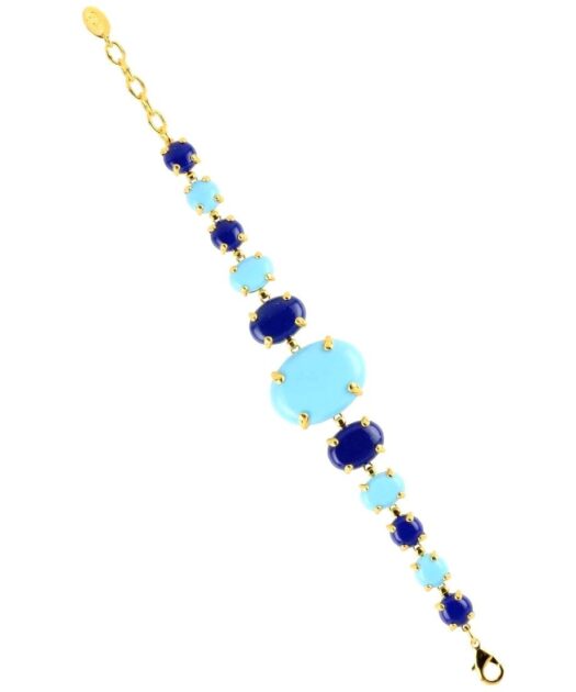 Pulsera oro amarillo con lapislázuli y turquesas de plata de ley