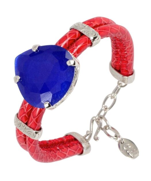 Pulsera roja con piedra azul de plata rodinada