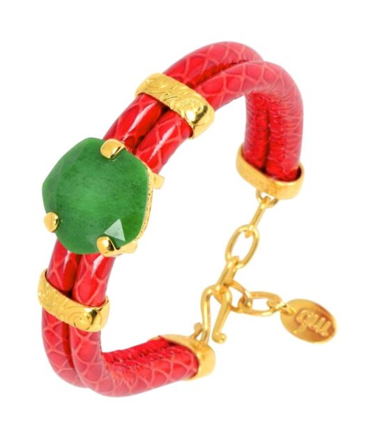 Pulsera roja con una piedra natural de color verde de plata