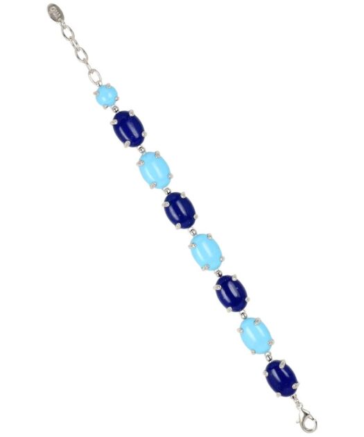 Pulsera turquesa y lapislázuli de plata rodinada con cierre mosquetón