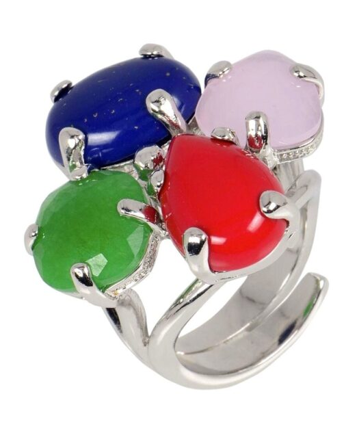 Sortija con cuatro piedras de colores de plata rodinada