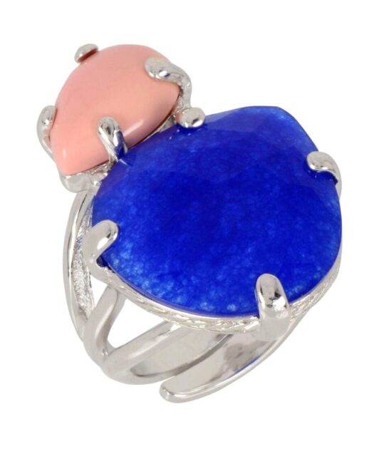 Sortija coral rosa con piedra azul de plata de ley rodinada