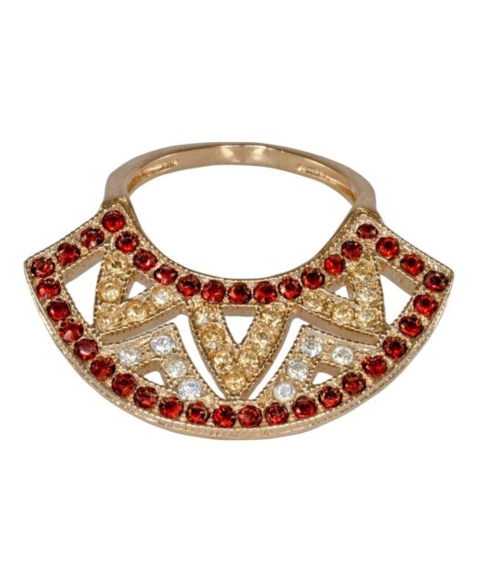 Anillo abanico oro amarillo de plata con cristales Swarovski rojos, blancos y dorados