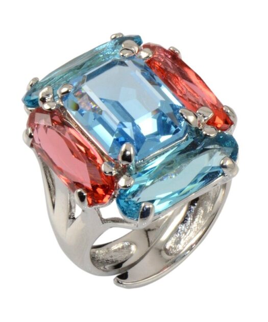 Anillo azul y rosa de plata rodinada con cristales Swarovski