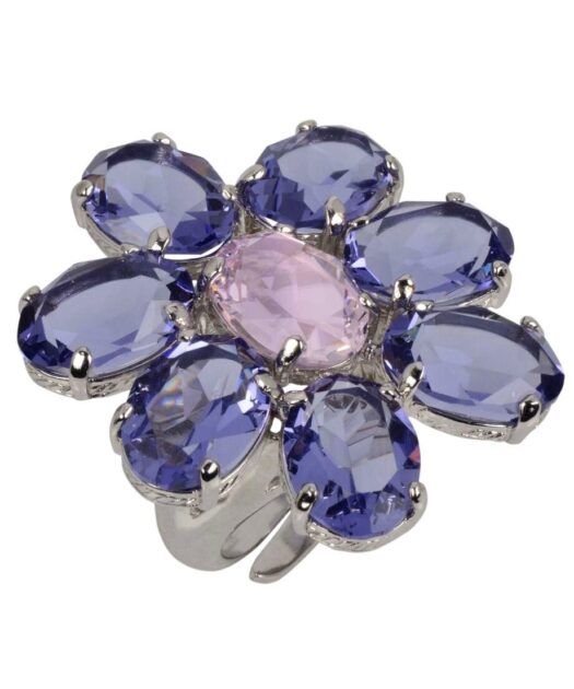 Anillo con ocho cristales Swarovski ovalados violetas y malvas de plata de primera ley bañada en rodio