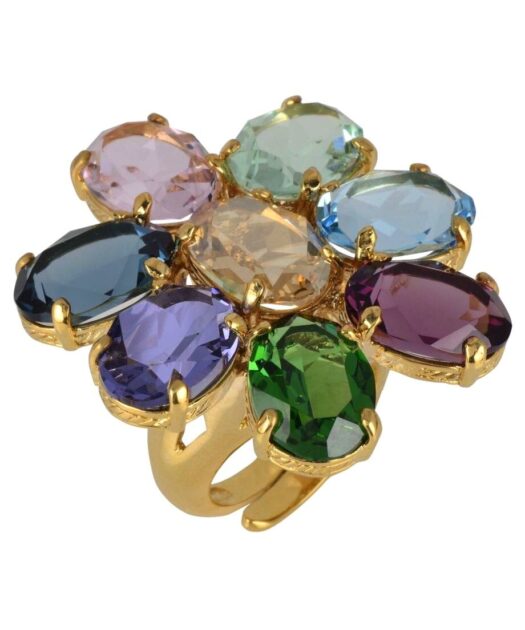 Anillo de plata dorada con ocho cristales Swarovski fabricado en plata con baño de oro