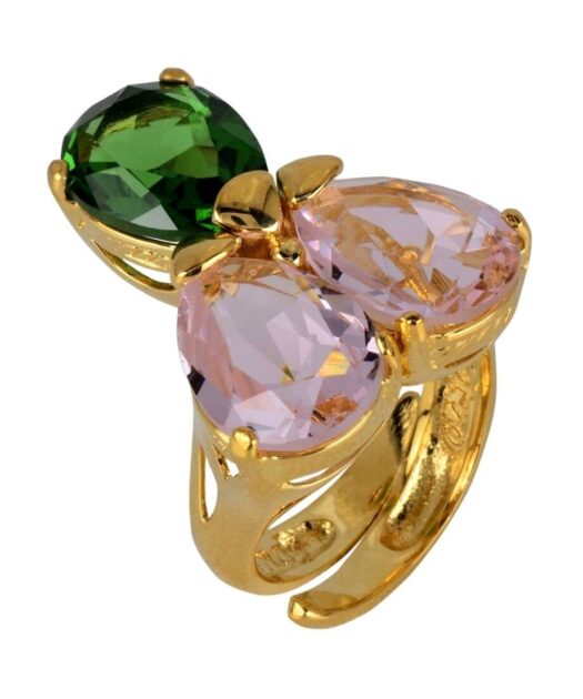 Anillo dorado con tres cristales Swarovski fabricado en plata de ley