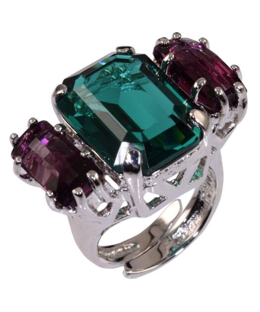 Anillo verde y morado de plata de ley rodinada con cristales Swarovski