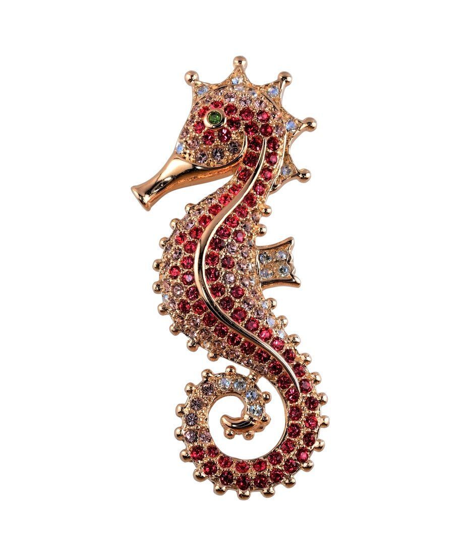 Broche Caballito de Mar de plata y cristales de Swarovski en tonos rojos de la colección exclusiva de Máximo Betro. Joyería Turón, tienda online.