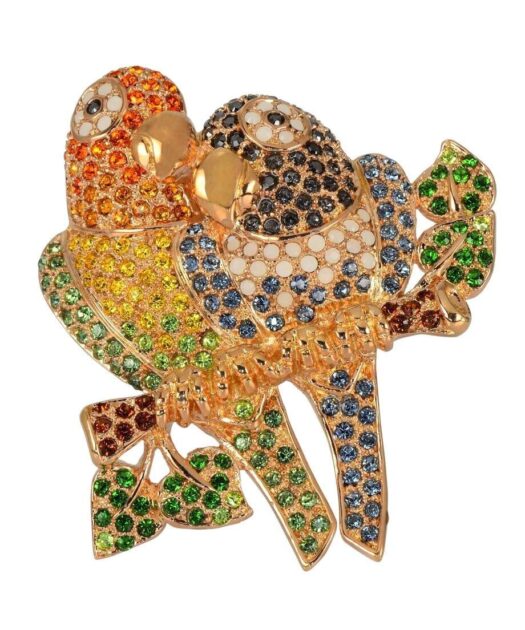 Broche Loros de plata bañada en oro rosa y cristales de Swarovski en varios colores
