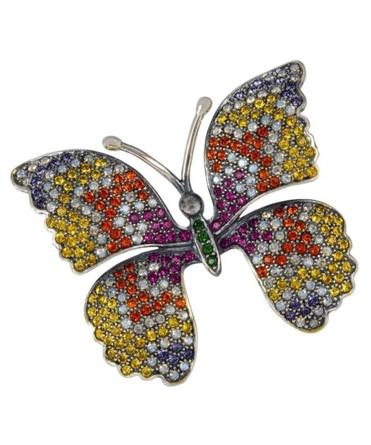 Broche Mariposa con las alas extendidas de plata rodinada con cristales de Swarovski multicolor