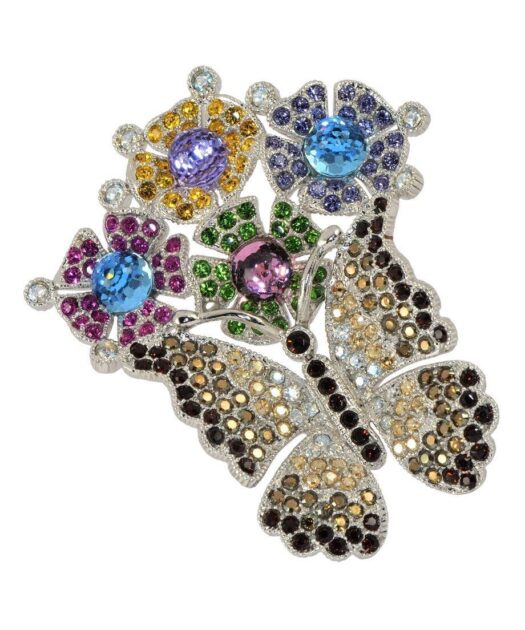 Broche Mariposa con Flores de plata y cristales de Swarovski en diversos tonos de la colección exclusiva de Máximo Betro. Joyería Turón, tienda online.