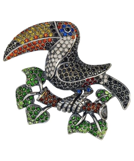 Broche Tucán de plata rodinada con cristales de Swarovski multicolor