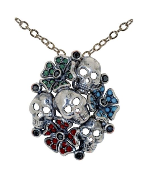 Colgante calaveras y flores de plata de ley