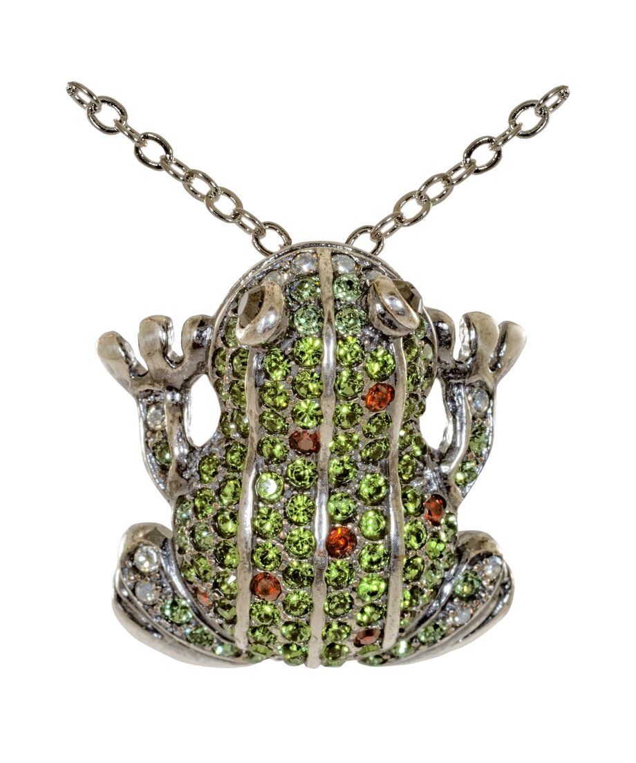 Colgante Rana de plata y cristales de Swarovski en tonos verdes y rojos de la colección exclusiva de Máximo Betro. Joyería Turón, tienda online.