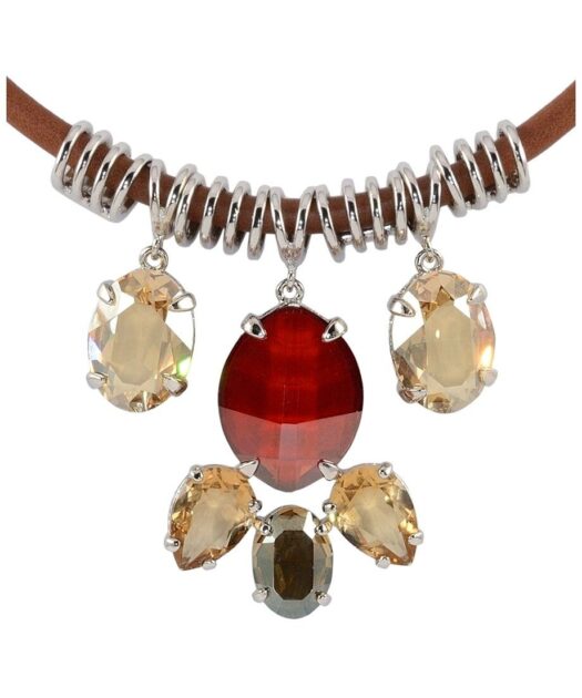 Gargantilla cuero marrón y plata con cristales de Swarovski
