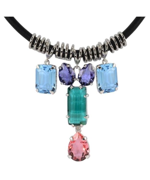 Gargantilla cuero negro y plata rodinada con cristales Swarovski