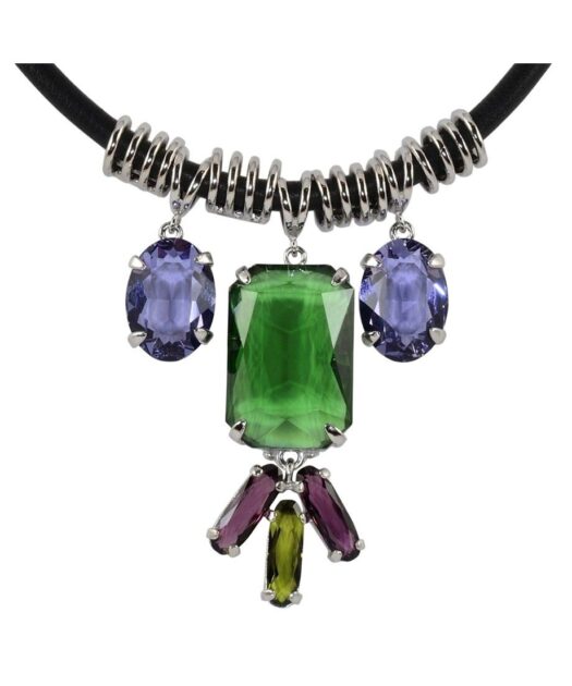 Gargantilla cuero negro y plata de colores con cristales Swarovski