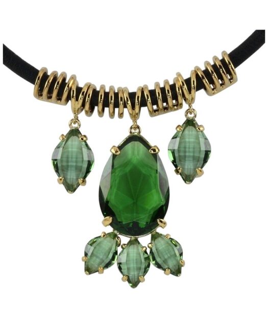 Gargantilla cuero y plata dorada de color verde con cristales Swarovski