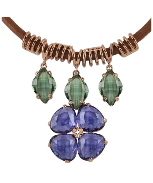 Gargantilla cuero y plata rosa con cristales Swarovski de colores