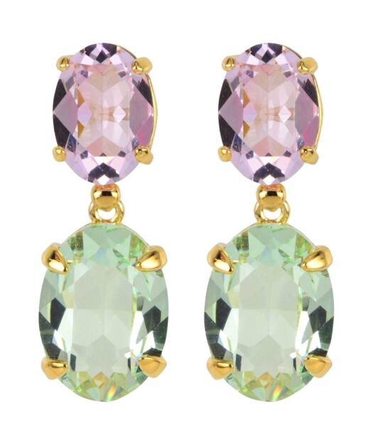 Pendientes cristal verde y malva de plata de ley bañada en oro