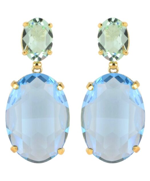 Pendientes de color verde y azul fabricados en plata con un baño de oro amarillo