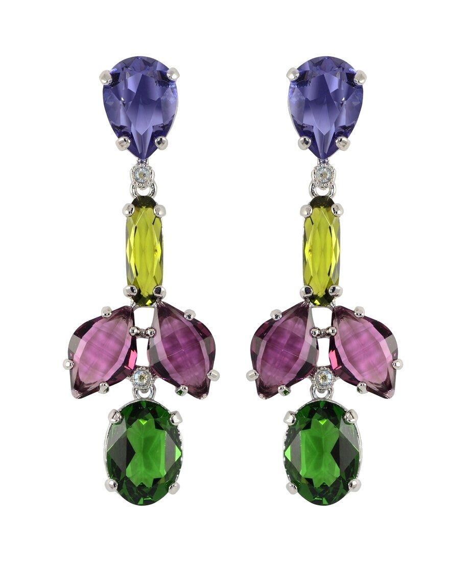 Pendientes de colores verdes, morados y violetas fabricados en plata de ley rodinada