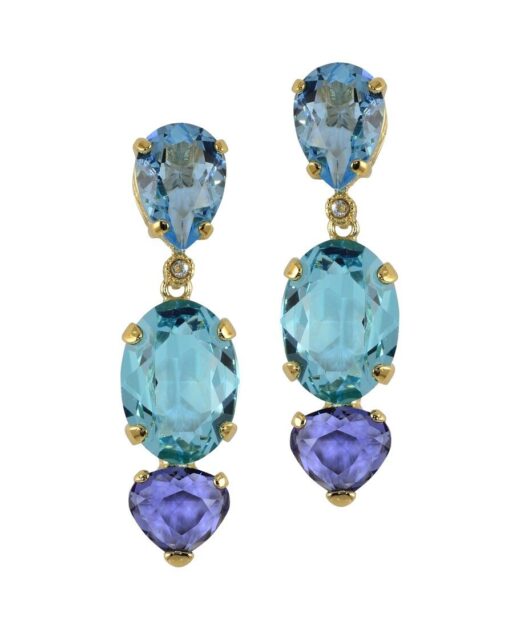 Pendientes largos color azul de plata de ley bañada en oro