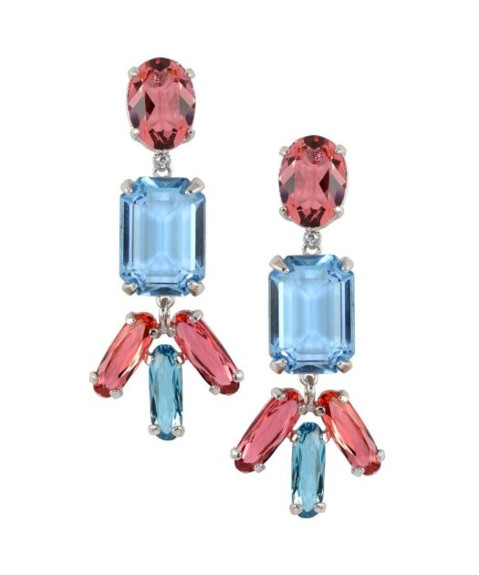 Pendientes largos color azul y rosa con cristales Swarovski de plata