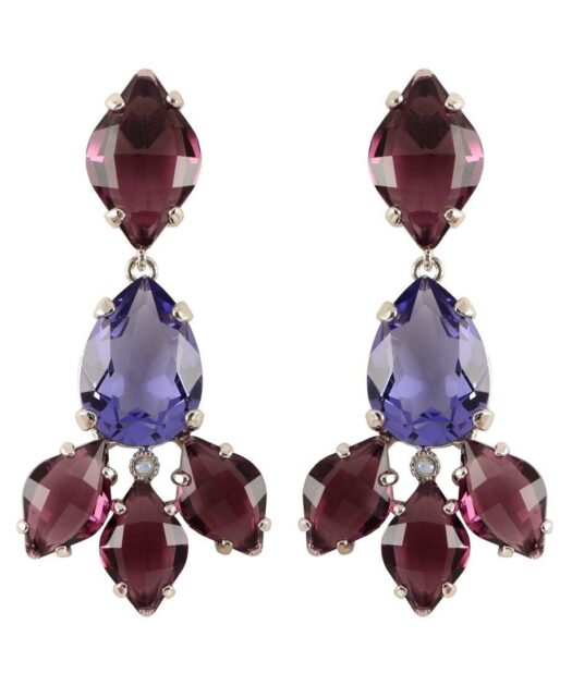 Pendientes largos color morado y violeta de plata de ley con baño de rodio
