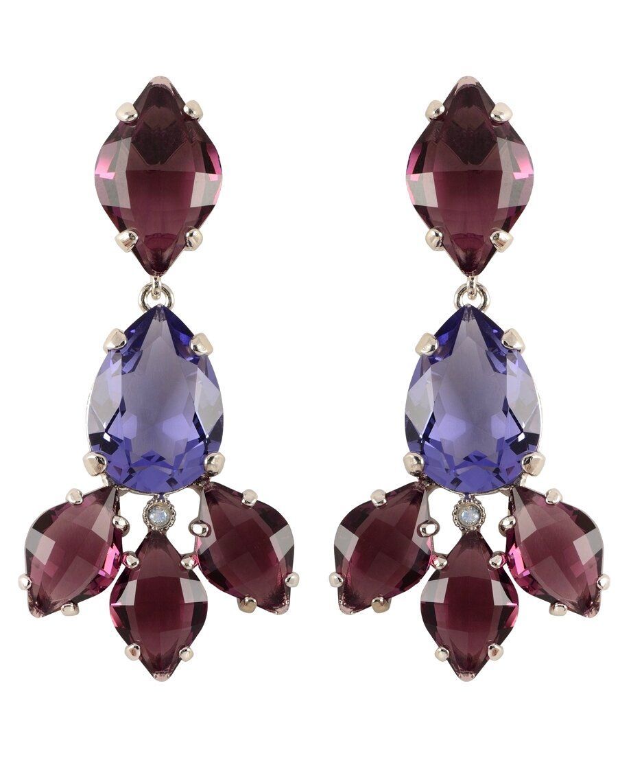 Pendientes largos color morado y violeta de plata de ley con baño de rodio
