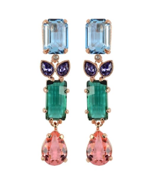 Pendientes largos color oro rosa con cristales Swarovski de plata
