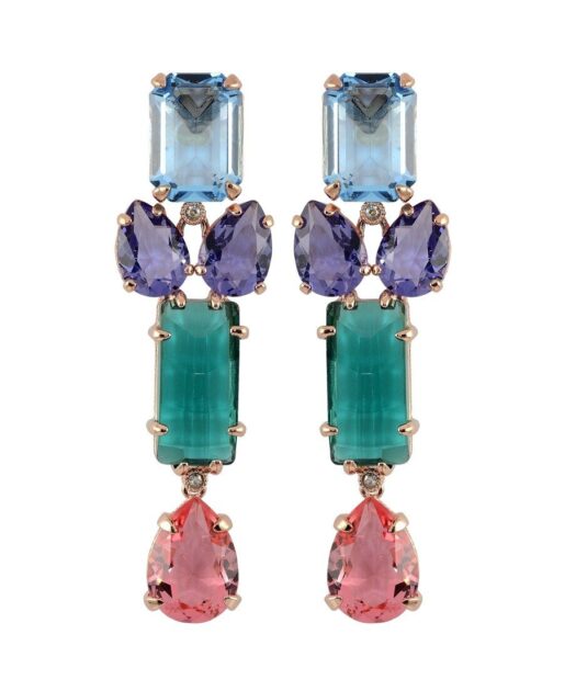 Pendientes largos con cristales de colores fabricados en plata con baño de oro rosa
