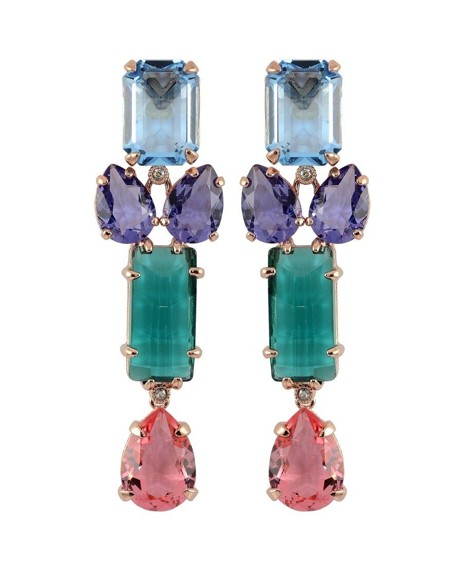 Pendientes largos con cristales de colores fabricados en plata con baño de oro rosa