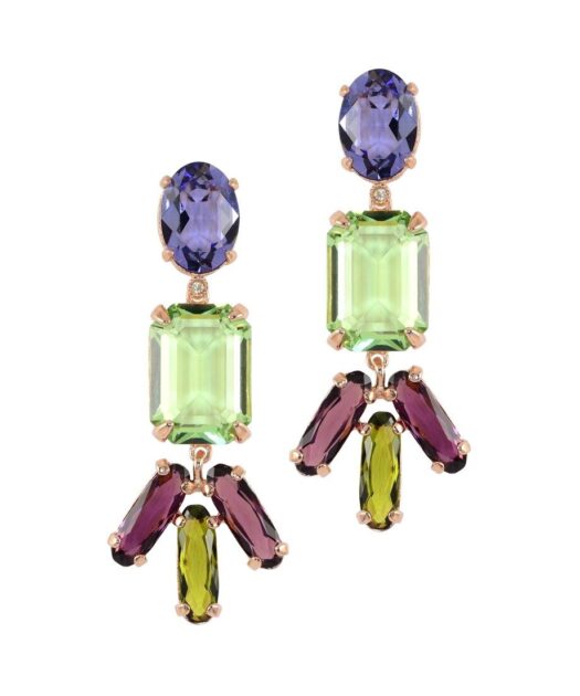 Pendientes largos flecos de colores con cristales Swarovski fabricados en plata