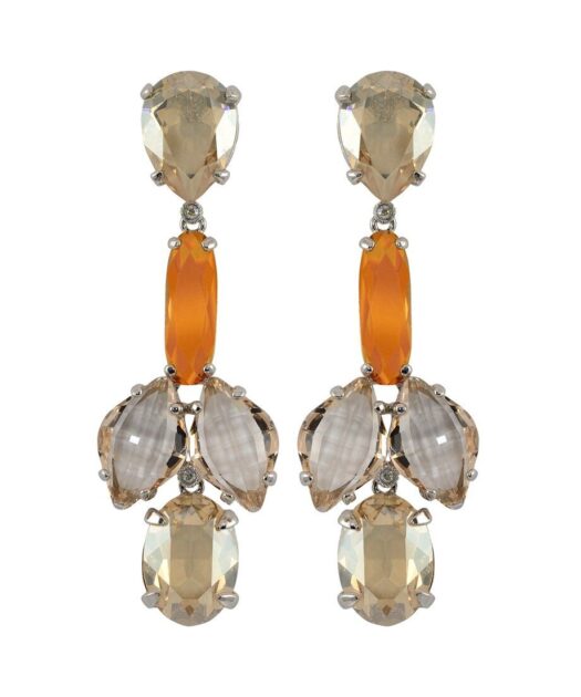 Pendientes largos plata y Swarovski Elements en tonos fumé y naranjas
