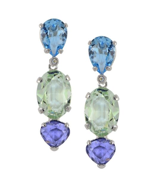 Pendientes largos verdes y azules fabricados en plata rodinada