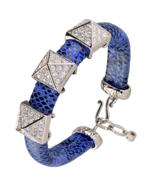 Pulsera azul con cuadrados de plata de ley y cristales Swarovski blancos