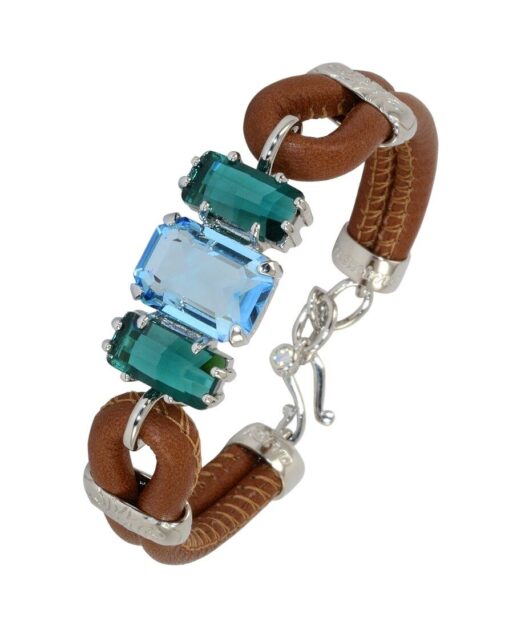 Pulsera color azul y verde de cuero marrón y plata rodinada