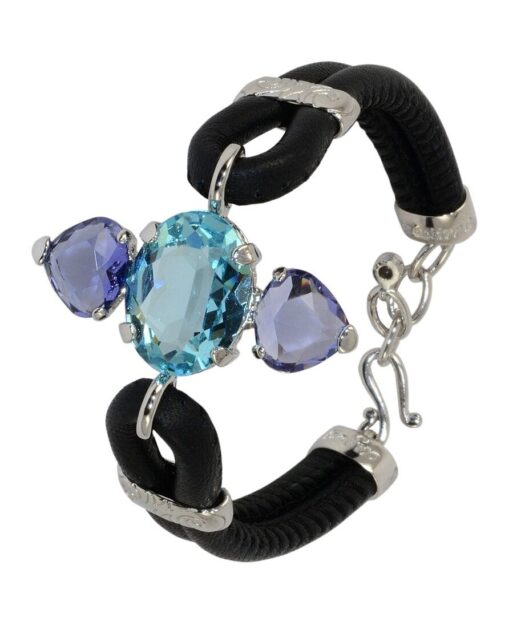 Pulsera color azul y violeta de plata de ley y cuero negro