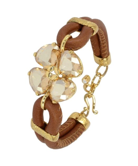 Pulsera color champagne de cuero y plata bañada en oro
