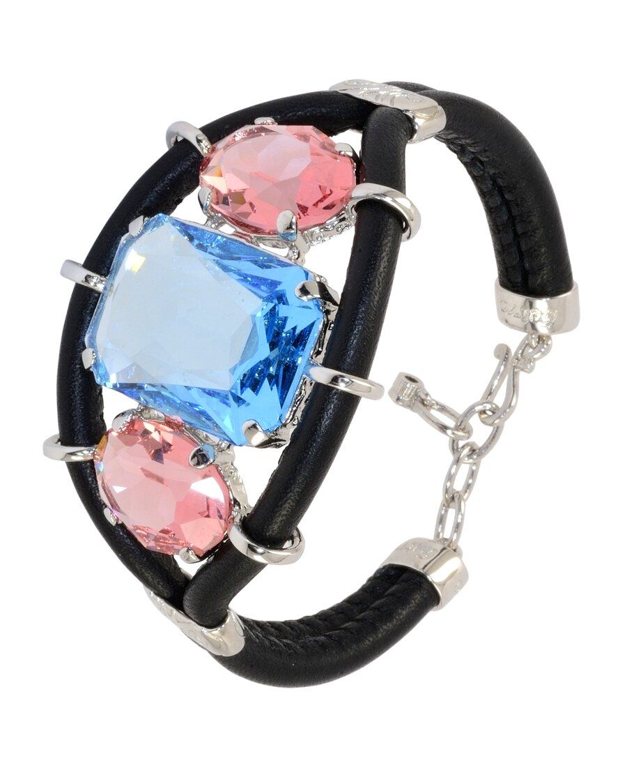 Pulsera color rosa y azul de plata rodinada y cuero negro