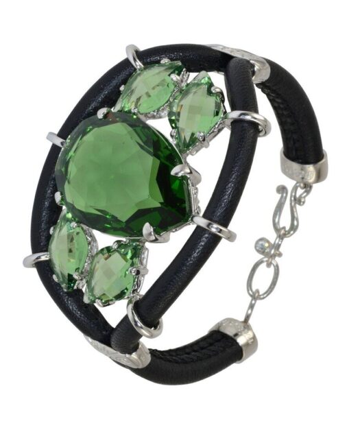 Pulsera color verde de plata de ley con cuero negro