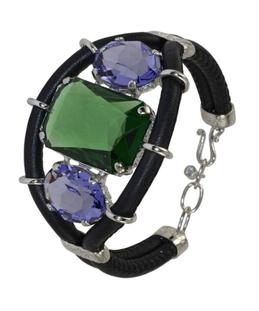 Pulsera color verde y violeta de cuero negro y plata rodinada